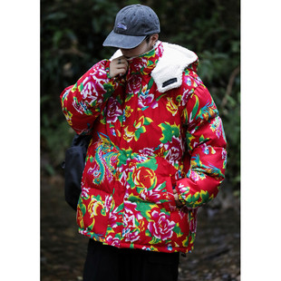 国潮复古外套牡丹花网红棉服 情侣连帽棉衣裤 东北大花袄套装 男冬季