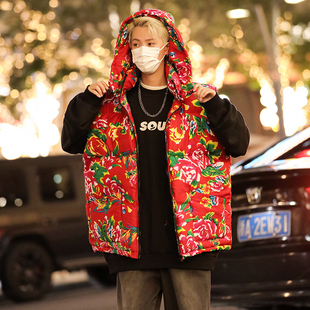 国潮vibe高街痞帅无袖棉衣马甲男款冬季中国风东北大花棉坎肩外套