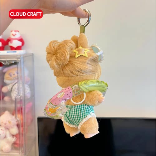 适用LABUBU复古理发店系列浅蓝序曲夏日绿格泳衣套装搪胶玩偶着替