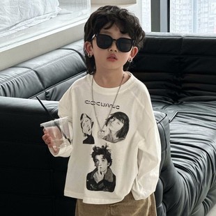 男童洋气白色长袖 新款 T恤 上衣服2025春装 儿童纯棉潮酷百搭打底衫