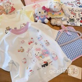 衫 夏季 新款 儿童时髦休闲半袖 女宝宝可爱猫咪印花短袖 t恤拼色上衣