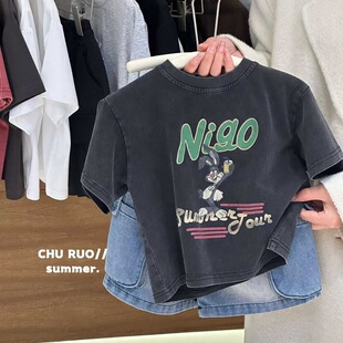 上衣 男女童做旧风纯棉半袖 中小儿童复古时髦卡通印花短袖 t恤夏季