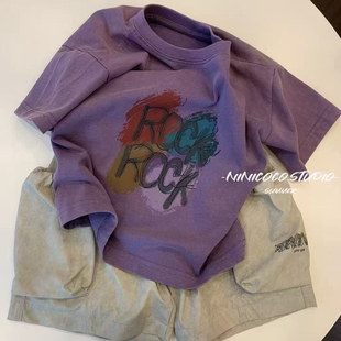 T恤男女童时髦百搭上衣 中小童宝宝洋气字母印花短袖 2026夏季 新款