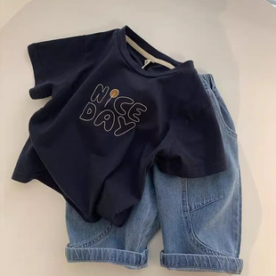 韩国童装夏季ins男童洋气时髦短袖t恤中小童宝宝字母印花半袖上衣