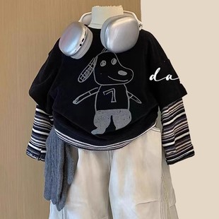 男童狗狗印花圆领上衣 新款 中小童韩范宽松百搭假两件长袖 T恤秋装