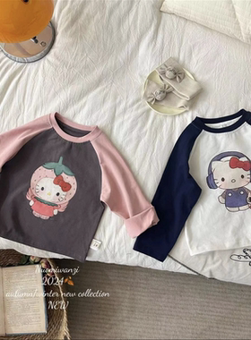 0-6岁女童洋气可爱圆领长袖t恤秋装新款宝宝纯棉卡通内搭拼色上衣