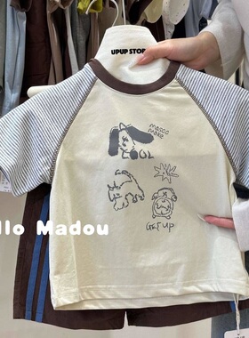0-6岁男女宝宝洋气时髦百搭短袖t恤夏季中小儿童条纹拼接半袖上衣