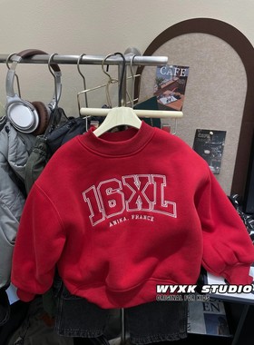 韩国童装2026新年红色喜庆圆领卫衣0-6岁男童潮酷帅气套头衫上衣