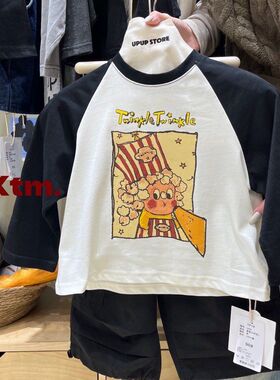 0-6岁男女童洋气可爱卡通印花长袖t恤春秋装中小童时髦拼色打底衫
