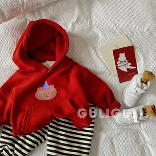 儿童秋冬装韩系宽松百搭连帽卫衣男女童可爱卡通印花加绒套头上衣