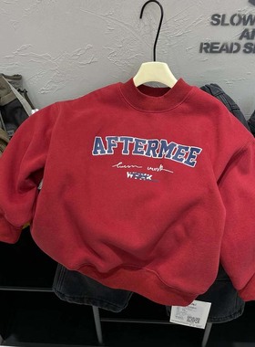 中小童洋气红色喜庆新年装冬季0-6岁男女童字母印花加绒圆领卫衣