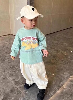 0-6岁男宝宝洋气卡通贴布印花长袖T恤秋季新款儿童时髦百搭上衣潮