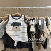 儿童洋气卡通小狗条纹无袖 撞色拼接背心上衣 男童时尚 t恤夏季 新款