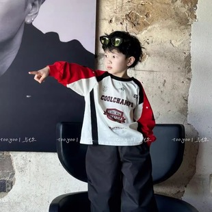 男童潮酷炸街撞色打底上衣薄 秋装 儿童韩范宽松帅气百搭长袖 t恤衫