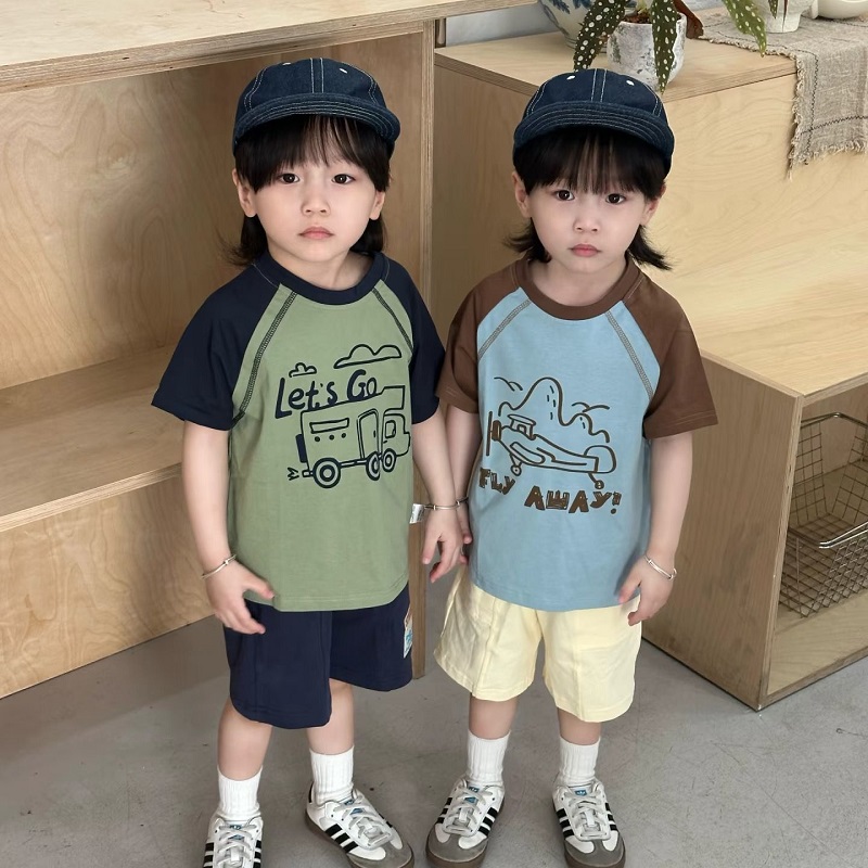 夏季中小童时髦拼色圆领短袖T恤男宝宝趣味卡通印花半袖纯棉上衣
