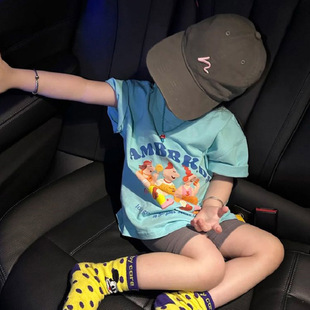 夏季新款女童显白薄荷蓝短袖T恤衫中小童纯棉卡通印花半袖薄上衣