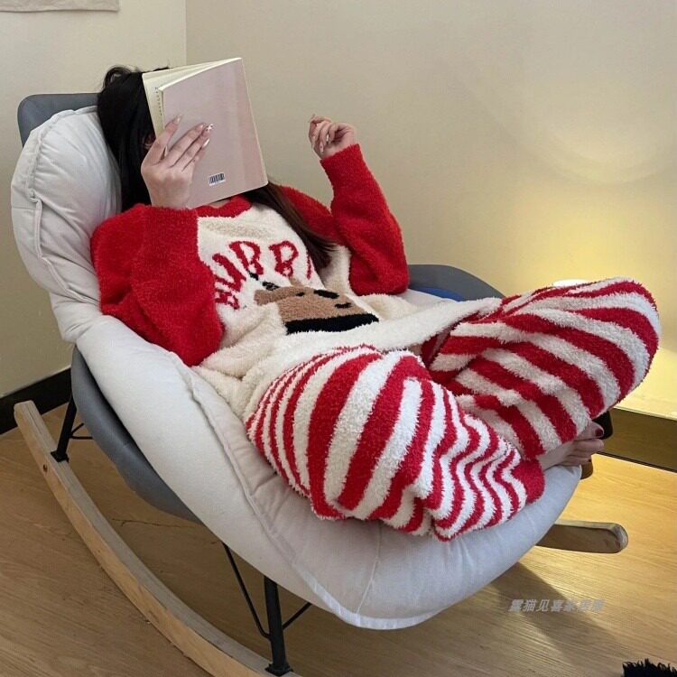 韩系ins风超火同款条纹小熊印花半边绒睡衣女保暖加绒加厚家居服