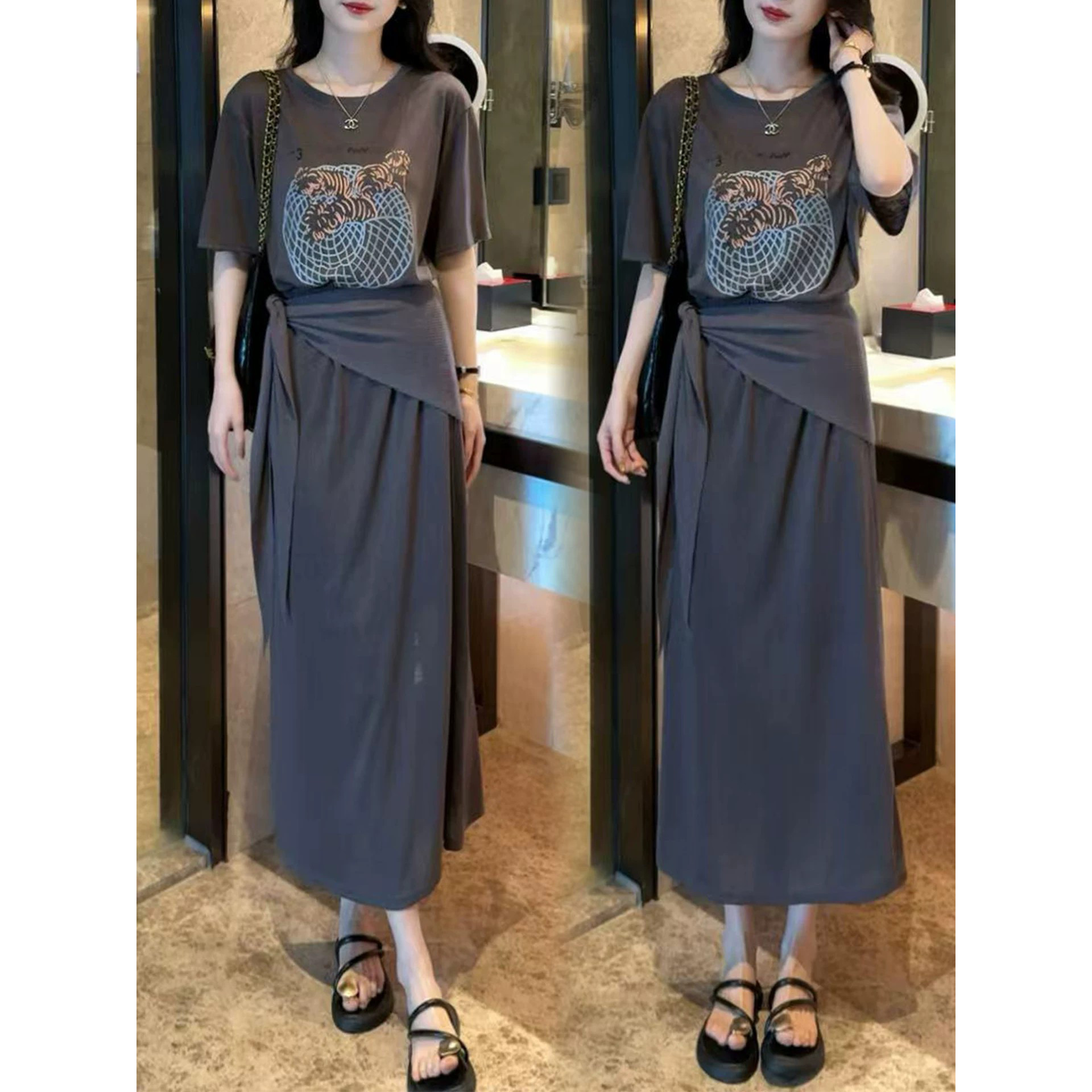 特尔美时尚休闲套装裙女士夏季新款印花短袖T恤屁帘半身裙三件套