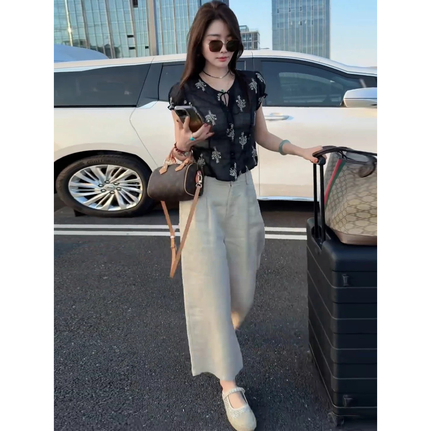 特尔美夏季新款洋气小个子显瘦印花短袖衬衫搭配套装
