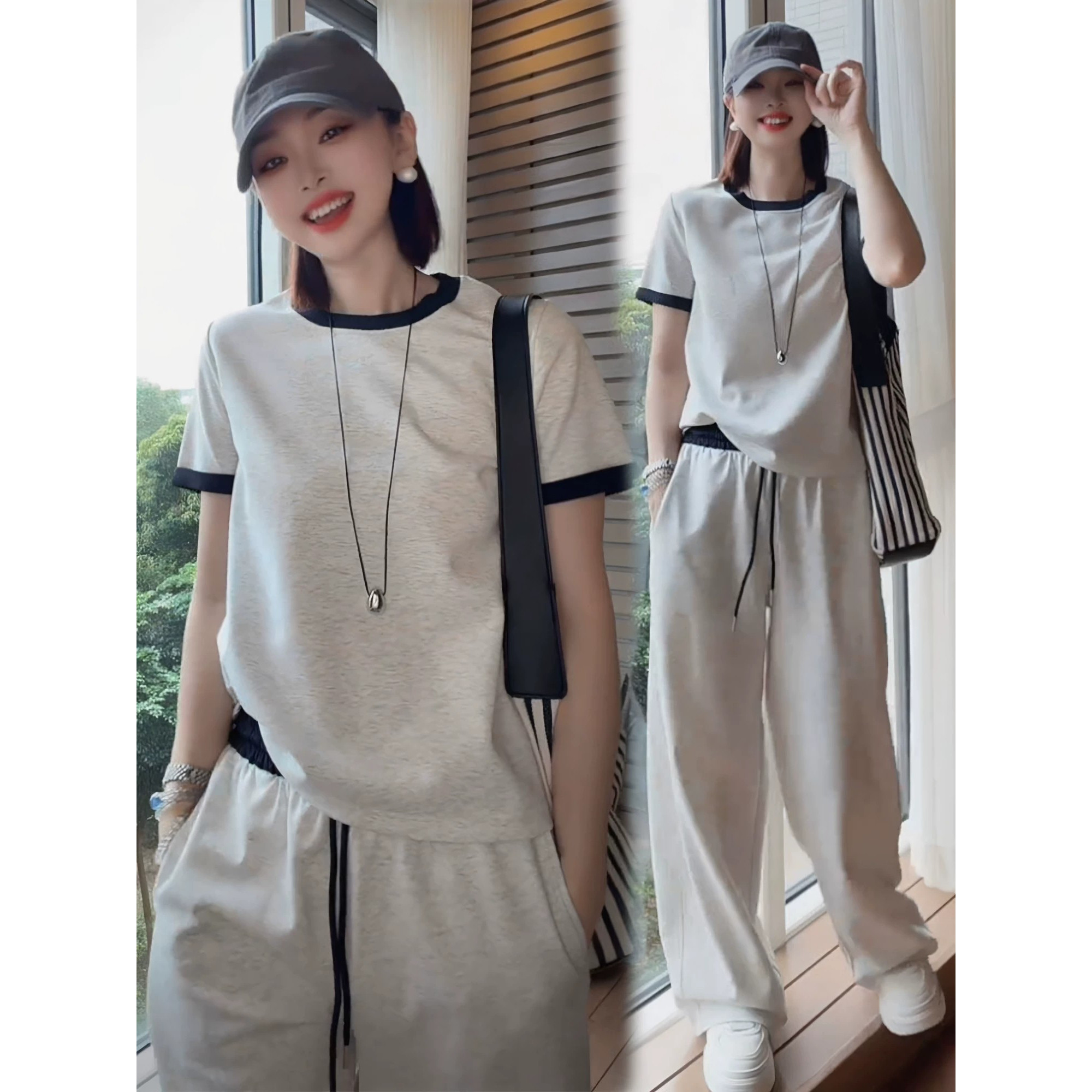 特尔美休闲运动套装女夏装新款巨好看短袖T恤阔腿裤两件套搭配套