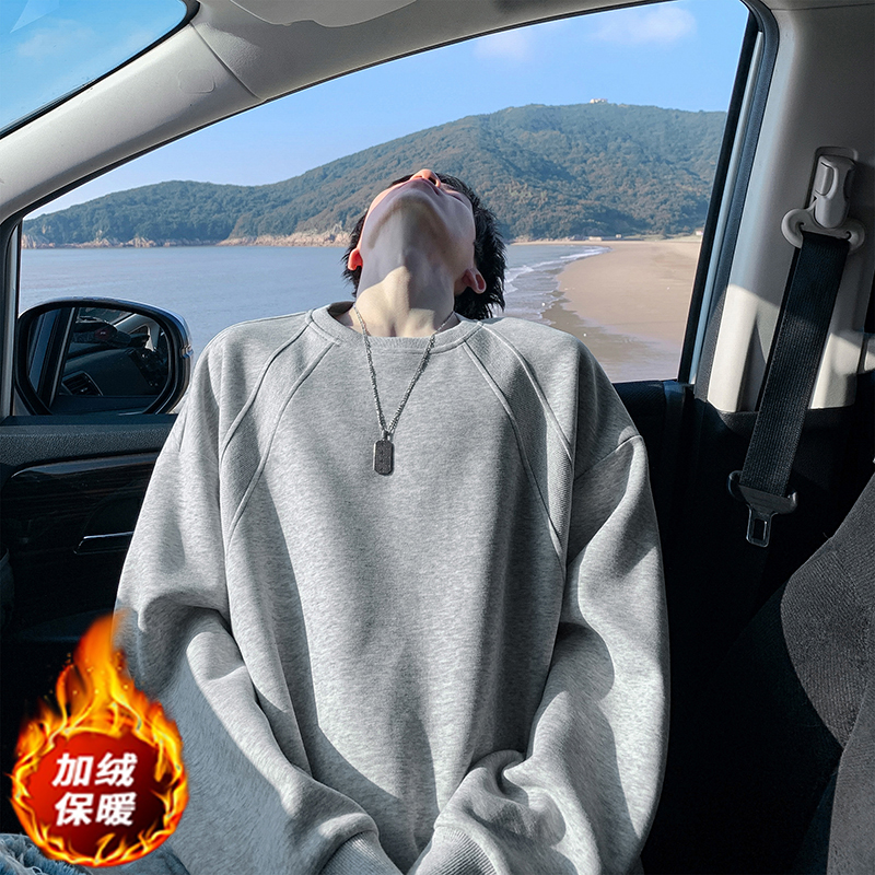 重磅美式高街大码加绒圆领卫衣男