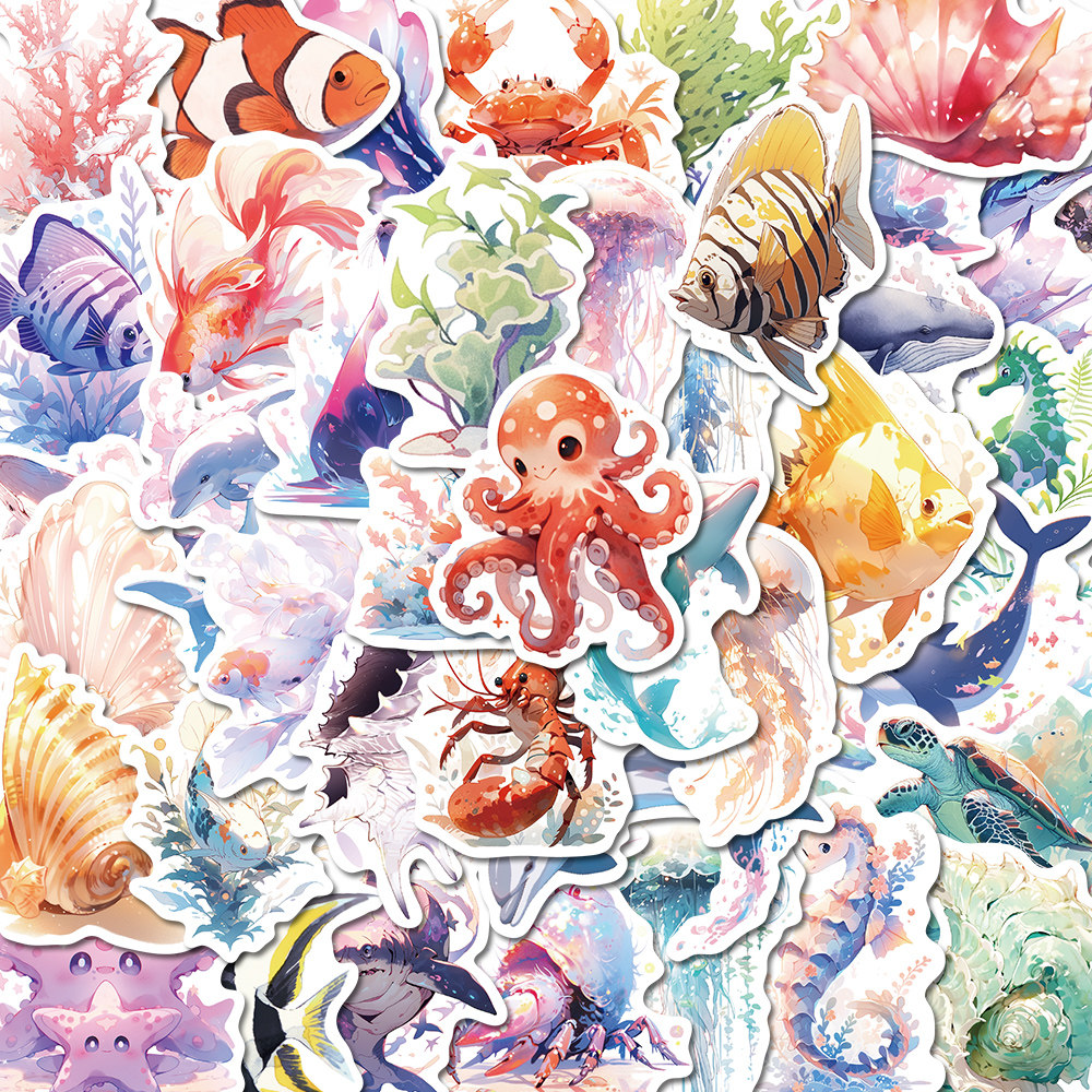 50张梦幻海洋生物精美卡通贴纸可爱自粘手账手机ipad水杯防水贴画