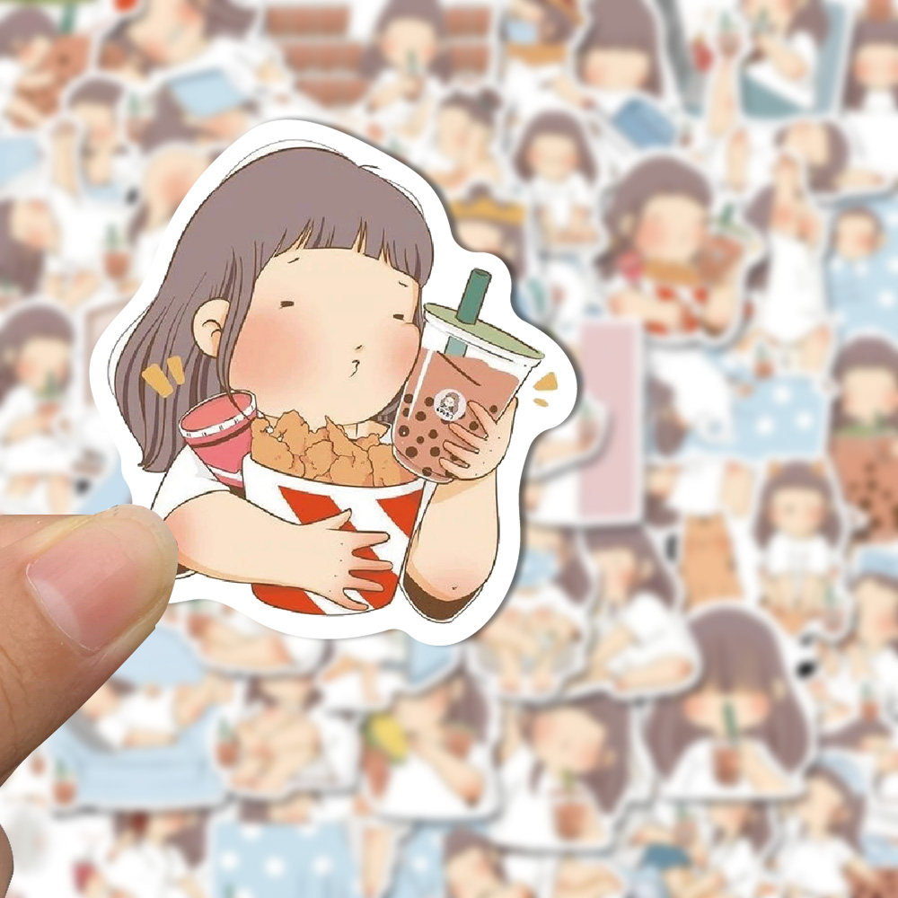 50张可爱慵懒胖女孩儿贴纸个性创意手账贴手机壳电脑水杯防水贴画