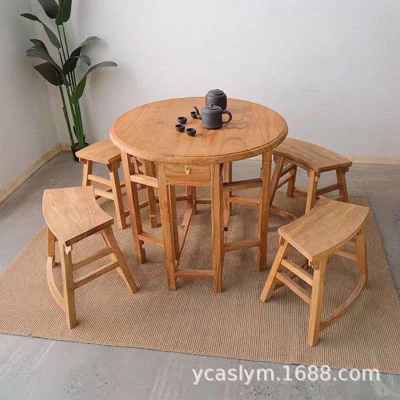新中式茶桌家用小户型折叠圆桌老榆木实木餐桌棋牌桌民宿喝原木风