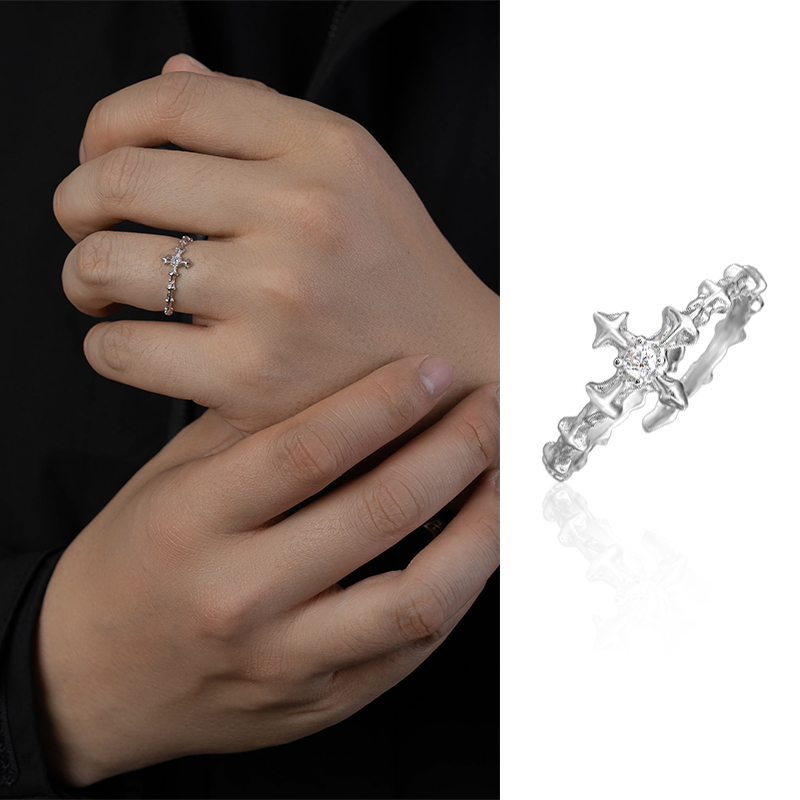 立体怪物 十字架S925银男女小众轻奢戒指冷淡风开口可调微镶银饰
