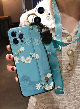 中国风兰花适用苹果11/12/13/14/15/16pro手机壳xs max女款iPhone7plus硅胶8X腕带XR防摔支架6p带挂绳e挂脖子