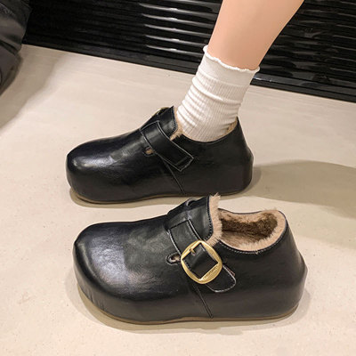 冬季雪地小皮鞋女鞋2025年新款厚底内加绒勃肯鞋皮面毛毛棉鞋