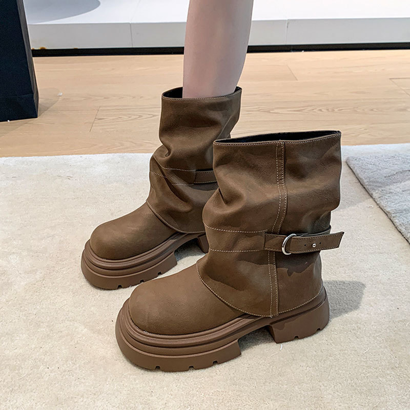 复古棕色美拉德堆堆靴短筒裤管靴女2025新款春秋季厚底马丁靴