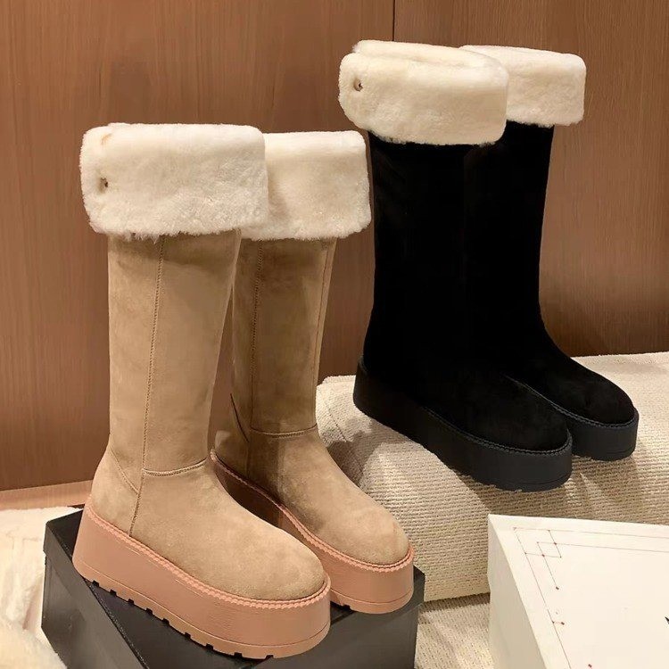 两穿加绒保暖长筒羊毛雪地靴显腿细腿长厚底棉靴大码毛毛靴冬