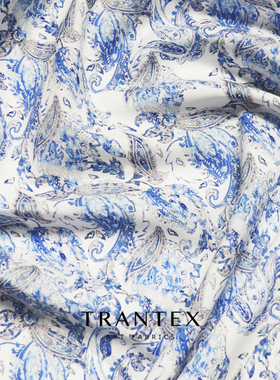 100支长绒棉高端印花全棉纯棉服装面料连衣裙布料蓝色水彩羽毛花