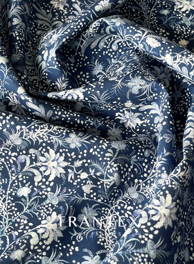 亚麻棉长绒棉简约素雅蓝色图腾连衣裙衬衣布料纯棉服装面料亚兰