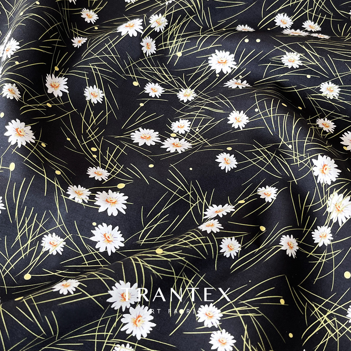 纯棉全棉布料棉布diy手工碎花印花衣服装衬衣连衣裙黑色雏菊面料