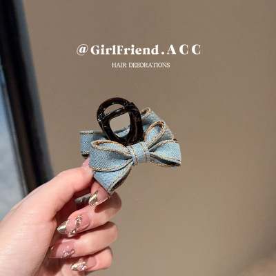 韩系牛仔蓝布艺蝴蝶结小抓夹高级感时尚鲨鱼夹复古发夹半扎发发饰