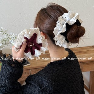 韩系毛线针织大号蕾丝花边双层大肠发圈女扎头发丸子头发绳头绳