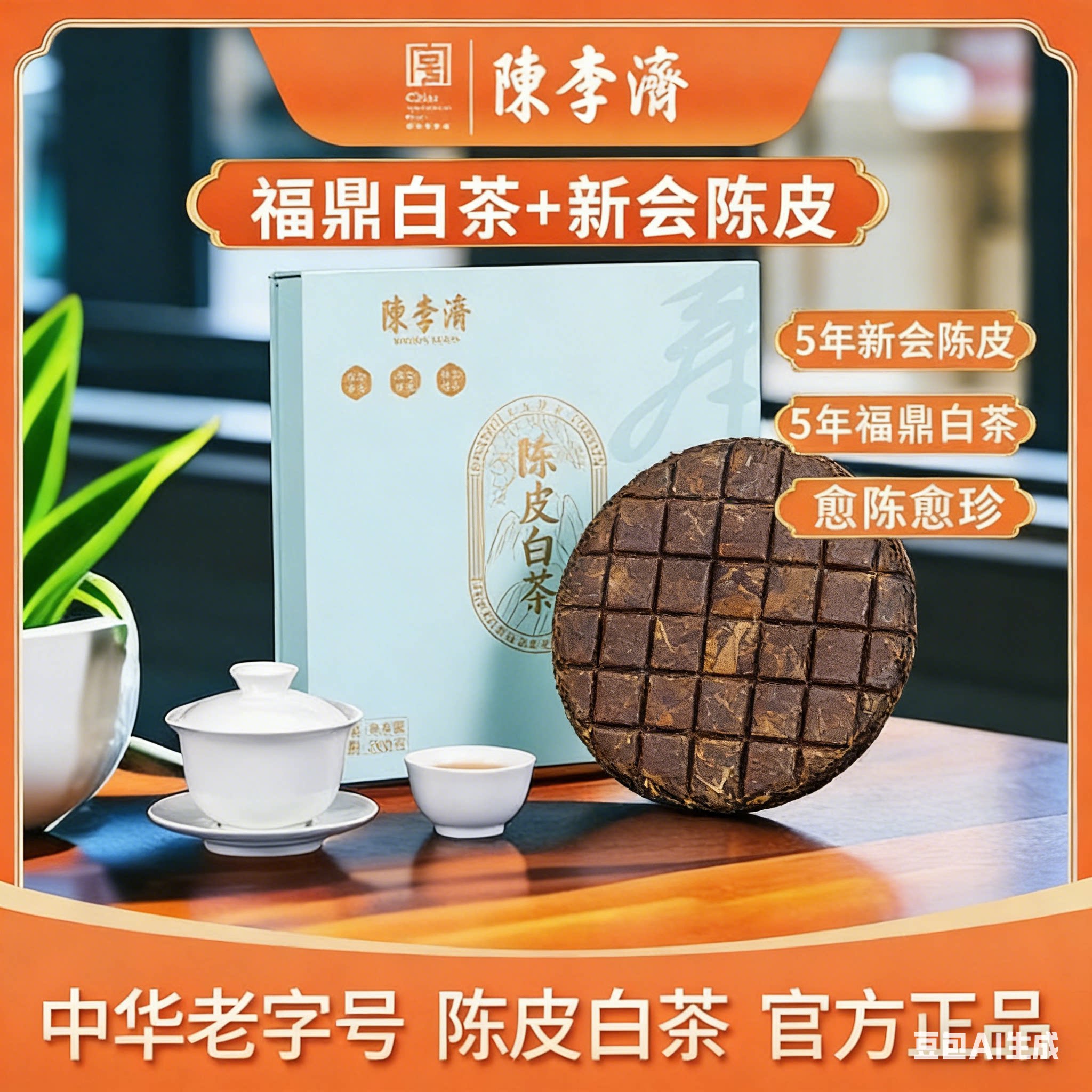 陈李济陈皮白茶5年陈皮5年寿眉饼图片