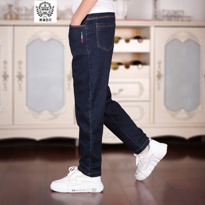 斯潘古尔男童厚牛仔单裤2025秋冬新款深蓝色松紧腰小直筒舒适牛仔