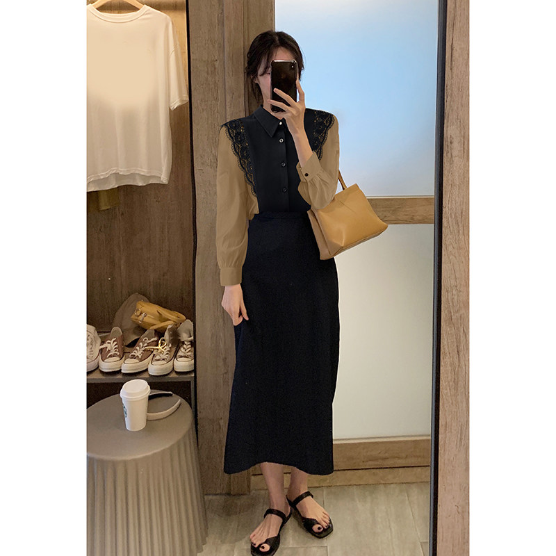 杏色蕾丝边衬衫女POLO领2021年秋季新款小个子宽松显瘦单排扣小衫