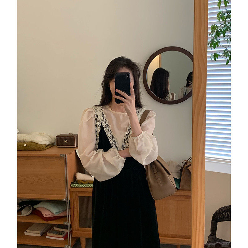 小清新白色雪纺衫女长袖圆领2022春季新款小个子宽松显瘦薄款上衣