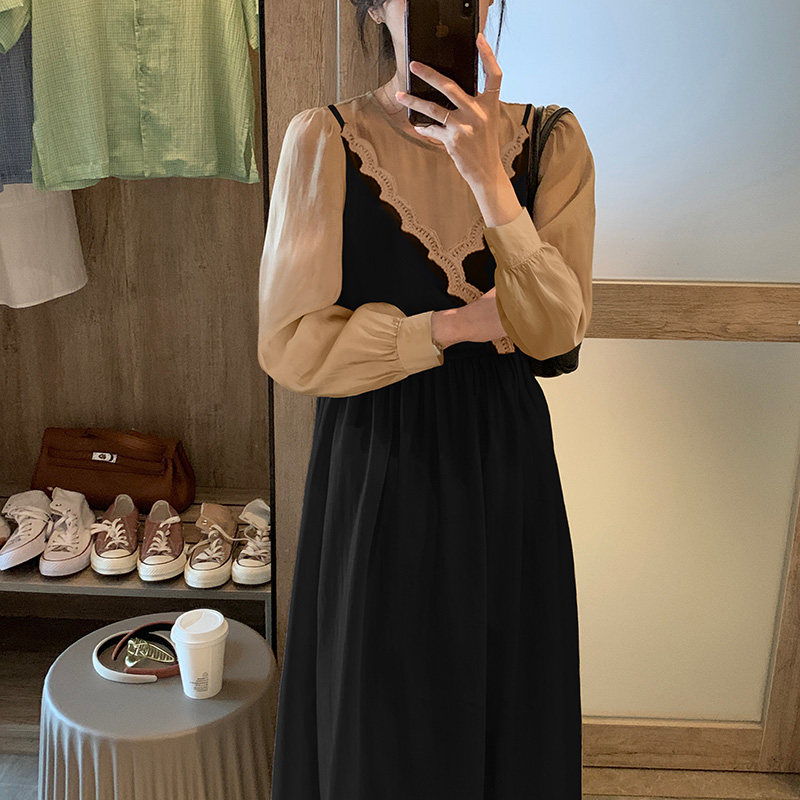 圆领连衣裙女2022年春冬季新款韩版高腰显瘦气质内搭吊带中长款裙