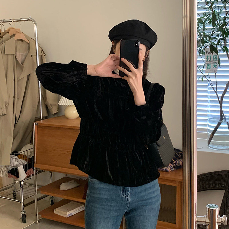 黑色丝绒衬衫女长袖蕾丝领2021秋季新款小众收腰显瘦时尚休闲小衫