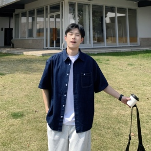 复古蓝色口袋牛仔短袖衬衫男生2026新款夏季潮流百搭宽松休闲衬衣
