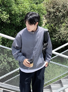 SUNSET 蓝色格子双拉链立领夹克男生2025秋季新款休闲宽松外套