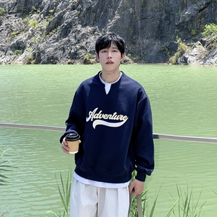 简约假两件字母印花圆领卫衣男生2025春秋季日常休闲百搭套头上衣