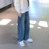 男2025春秋宽松百搭直筒长裤 SUNSET 复古扎花水洗猫须蓝色牛仔裤