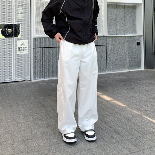 白色解构全棉直筒抽绳休闲裤男生