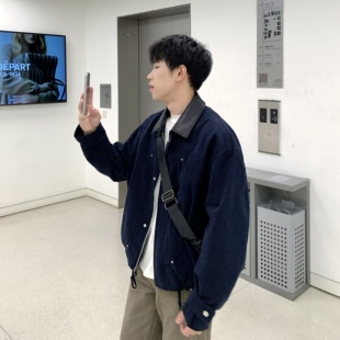 藏青色拼接翻领工装夹克男生2026春季新款设计感宽松短款休闲外套